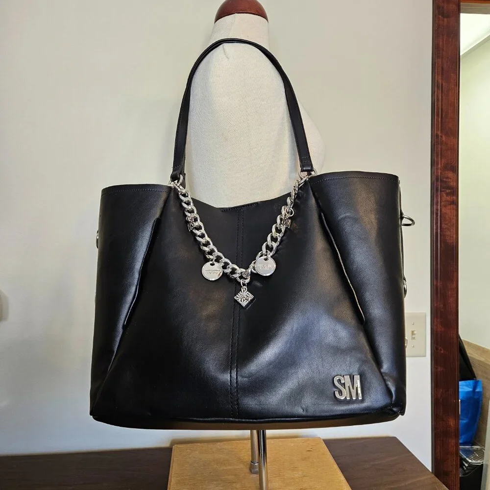 Steve Madden Large Black Tote Bag Silver Chainlink accessories SM branding - Picture 2 of 16